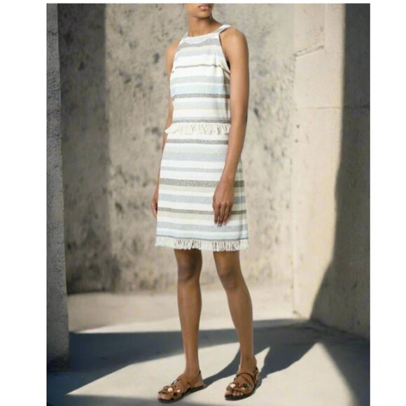 Tory Burch Mini Fringed Boho Dress 10 Ivory Sleeveless Cotton Sheath Stripe - Picture 1 of 14